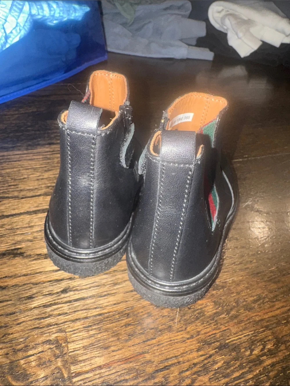 Gucci Kids Black Chelsea Boots with Green & Red Webbing